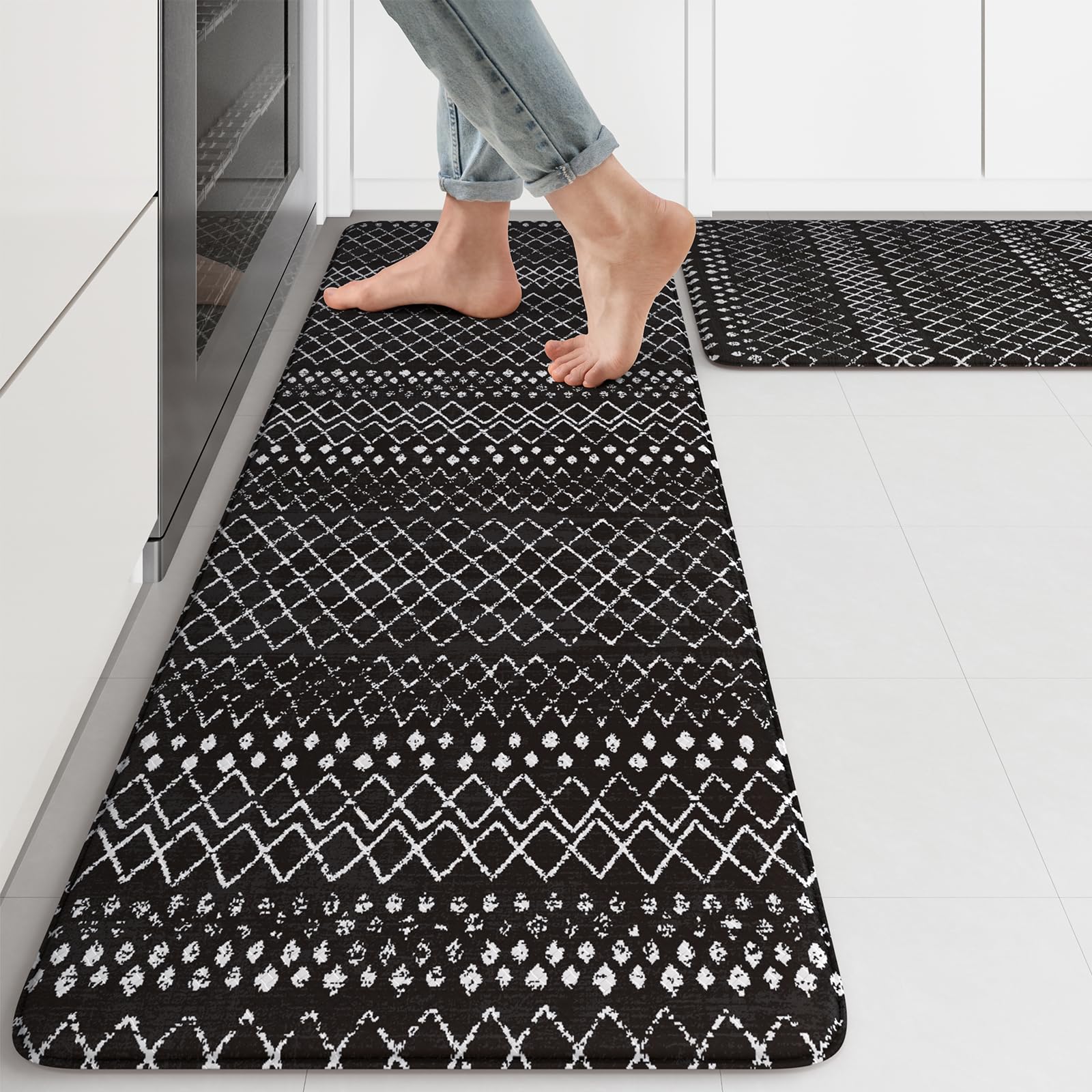 KIMODE Kitchen Mats 2PCS,Cushioned Anti Fatigue Kitchen Rugs and Mats,Non Skid Waterproof Kitchen Mats for Floor,Comfort Foam Standing Mat for Home Decor, Office,Sink,Laundry Room,Desk,Black and White