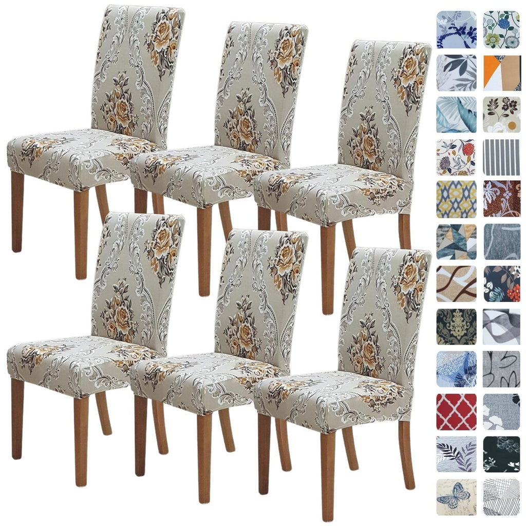 SPRINGRICO Chair Covers for Dining Room 6 Pack, Stretch Dining Chair Cover, Washable Spandex Kitchen Parsons Chair Slipcovers, Removable Seat Protector for Home or Party (Set of 6, Floral Beige)