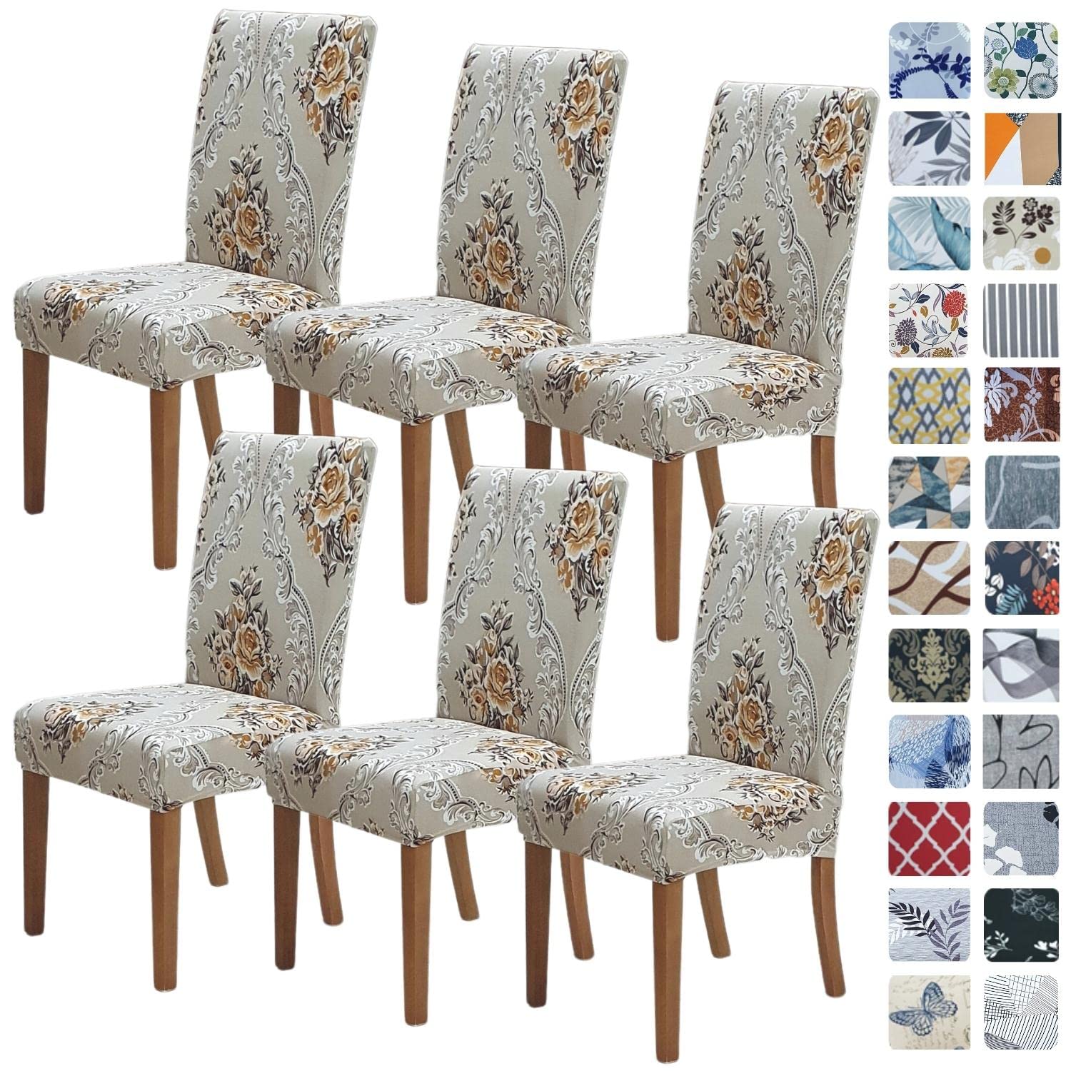 SPRINGRICO Chair Covers for Dining Room 6 Pack, Stretch Dining Chair Cover, Washable Spandex Kitchen Parsons Chair Slipcovers, Removable Seat Protector for Home or Party (Set of 6, Floral Beige)