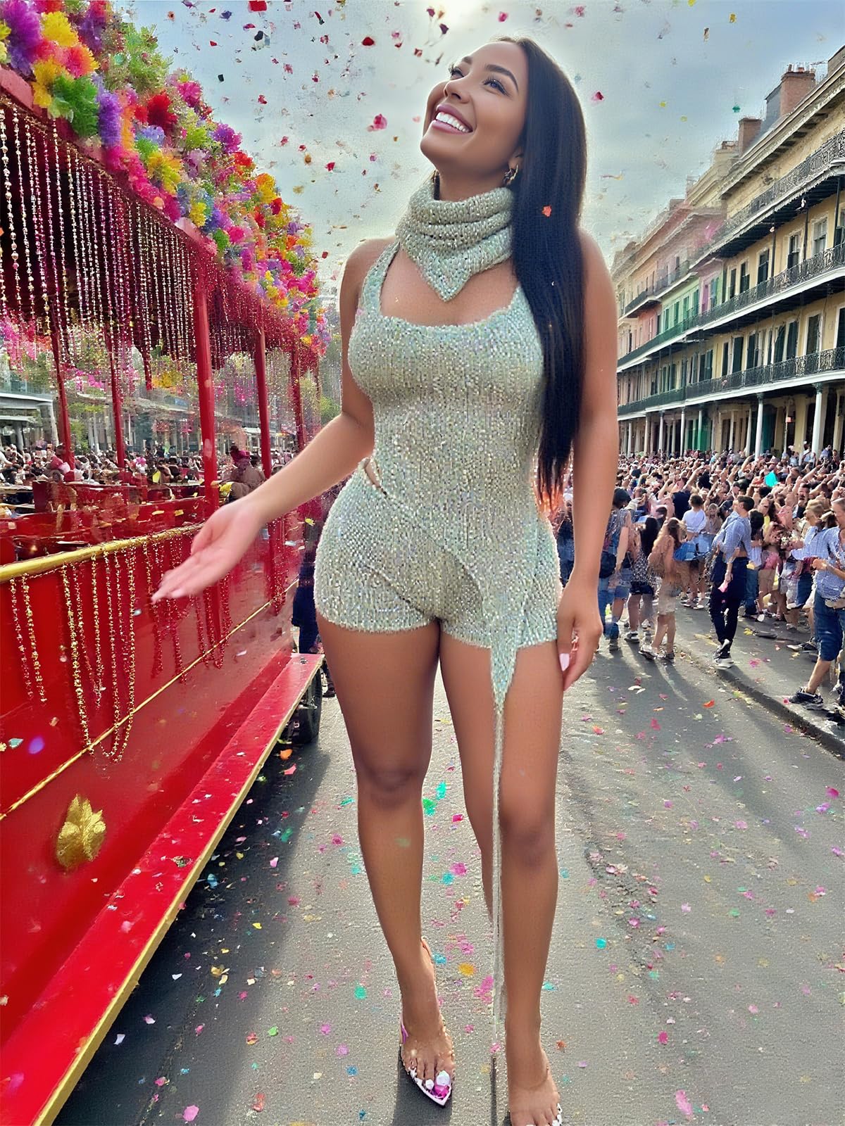 KANSOON Sexy Two Piece Outfits for Women Sequin Knit Backless Irregular Halter Top Crochet Shorts Set with Matching Rave Hood