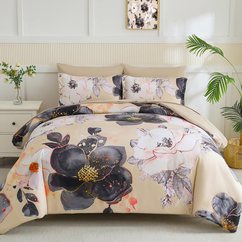Yogeneg 7 Piece Bed in a Bag King Size Comforter Set Black Bedding Set,Gold Butterfly Leaves Printed on Black Reversible Design,Soft Microfiber Comforter with Sheet Set,All Season(Butterfly,King)