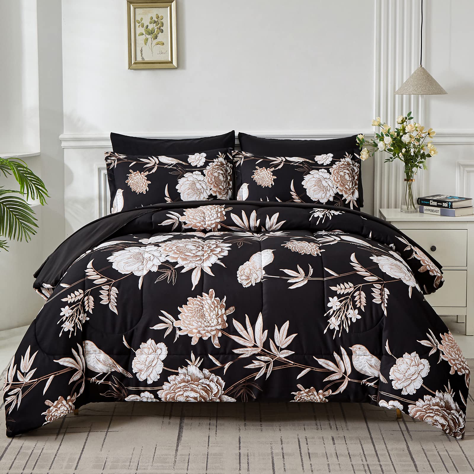 Yogeneg 7 Piece Bed in a Bag King Size Comforter Set Black Bedding Set,Gold Butterfly Leaves Printed on Black Reversible Design,Soft Microfiber Comforter with Sheet Set,All Season(Butterfly,King)