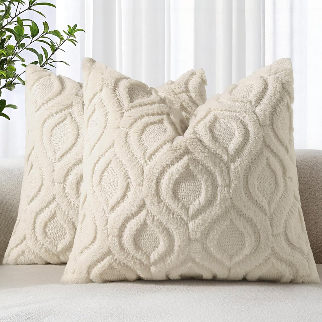 decorUhome Throw Pillow Covers 18x18 Inch Set of 2, Soft Plush Faux Wool Cream White Solid Couch Pillow Covers, Accent Farmhouse Neutral Square Pillow Cases for Sofa Bed Living Room