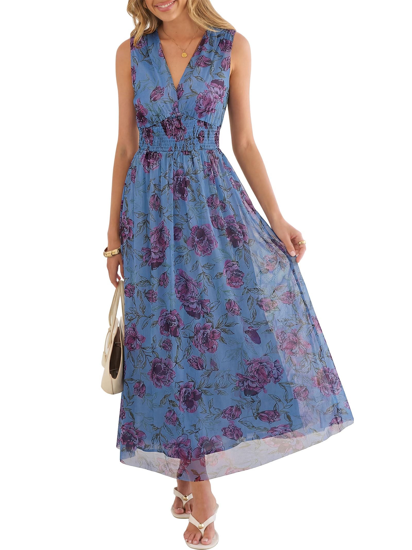 ANRABESS Womens Summer Floral Maxi Dress, A Line Tulle,Elegant for Wedding Guest & Beach Vacation,Flowy Casual Boho Outfits
