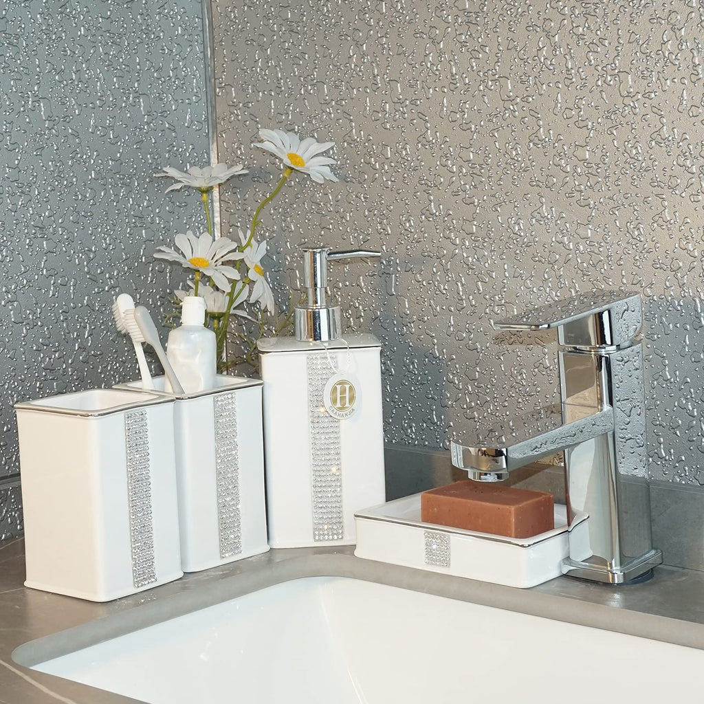 Bathroom Accessories Set 4 Pcs-Ceramic Gift Set Soap Dispenser Pump & Toothbrush Holder & Tumbler Cup & Soap Dish - Bathroom Home Decor Clearance, Countertop Vanity Organize (15 Ounce)