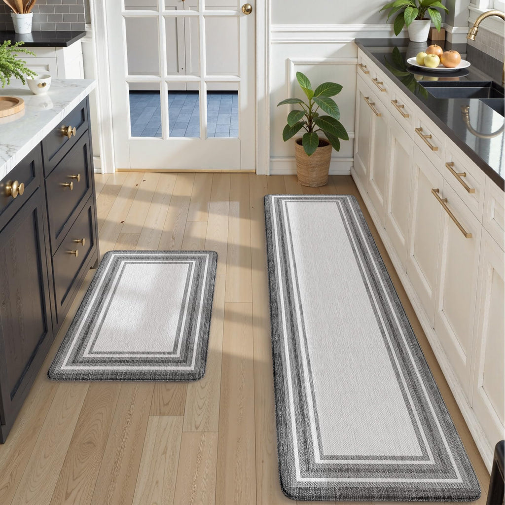 KIMODE Kitchen Mats 2PCS,Cushioned Anti Fatigue Kitchen Rugs and Mats,Non Skid Waterproof Kitchen Mats for Floor,Comfort Foam Standing Mat for Home Decor, Office,Sink,Laundry Room,Desk,Black and White