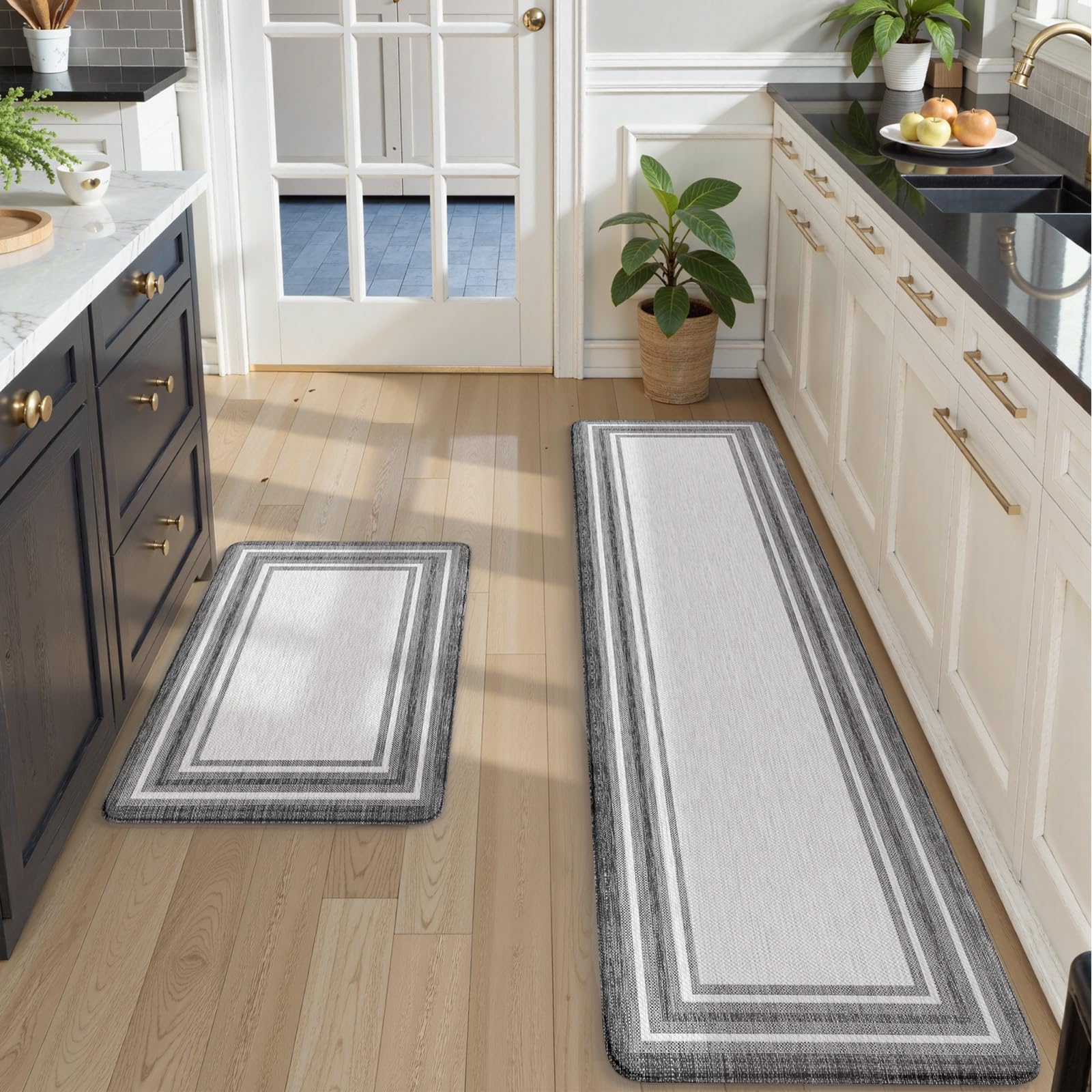 KIMODE Kitchen Mats 2PCS,Cushioned Anti Fatigue Kitchen Rugs and Mats,Non Skid Waterproof Kitchen Mats for Floor,Comfort Foam Standing Mat for Home Decor, Office,Sink,Laundry Room,Desk,Black and White