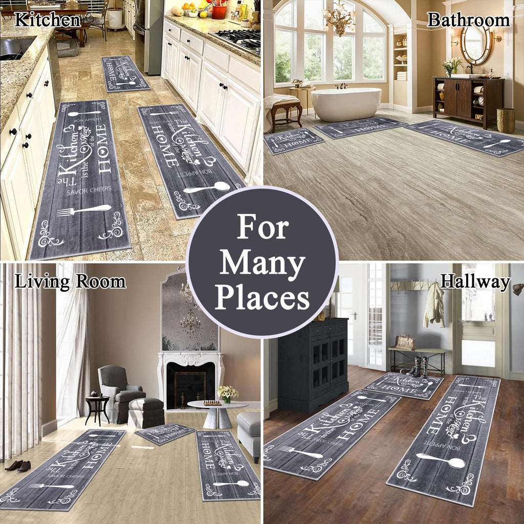 Vaukki Boho Kitchen Rug Sets 3 Pieces, Washable Kitchen Mats for Floor, Non Slip Soft Kitchen Area Rug Floor Mat for Kitchen, Laundry Room and Hallway (Grey and Beige, 20''x32''+20''x47''+20''x59'')