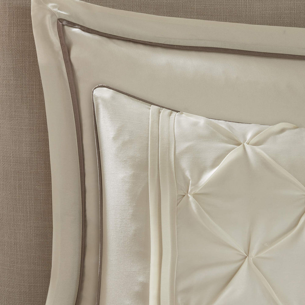 Madison Park Essentials Room in a Bag Faux Silk Comforter Set - Luxe Diamond Tufting All Season Bedding, Matching Curtains, Decorative Pillows, Taupe King(104"x92") 24 Piece