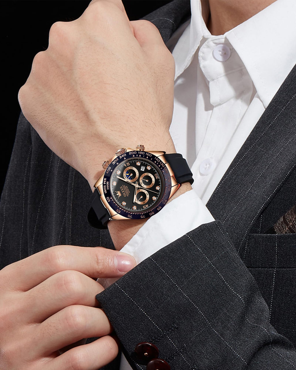 OLEVS Men Analog Quartz Waterproof Watches Multifunction Chronograph Diamond Moon Phase Luminous Silicone Band Wrist Watches