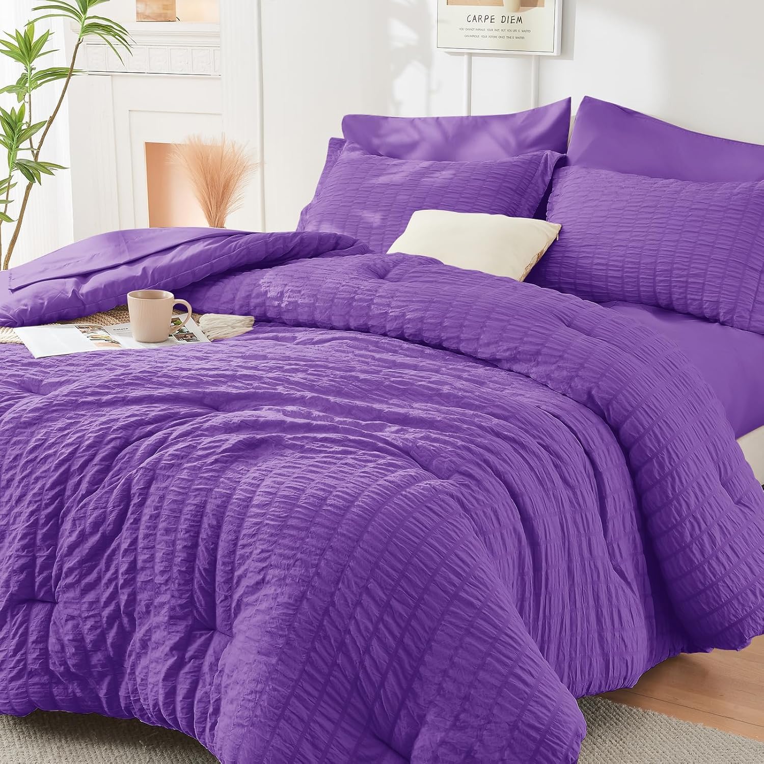 HYMOKEGE 7 Piece King Size Comforter Set Seersucker, All Season Luxury Bed in a Bag for Bedroom, Bedding Set with Comforters, Sheets, Pillowcases & Shams, Dark Grey