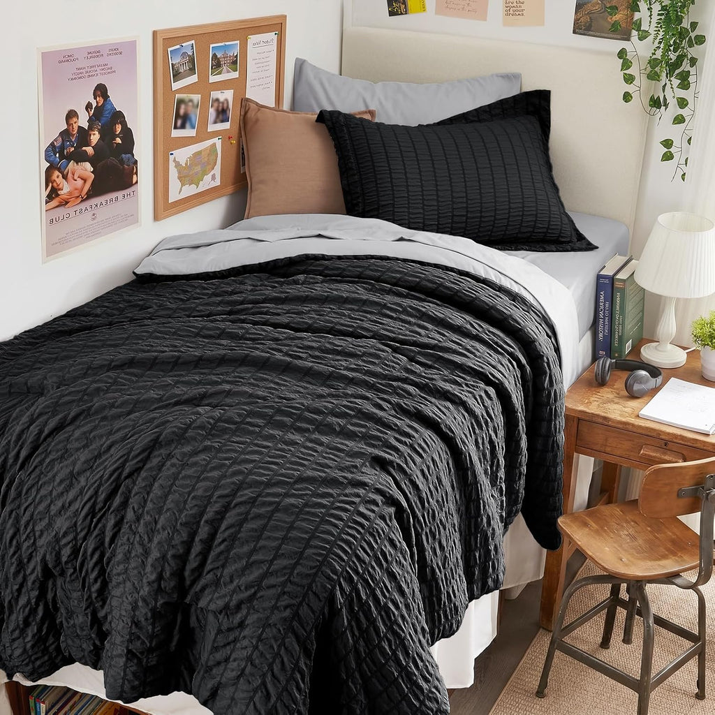 HYMOKEGE 7 Piece King Size Comforter Set Seersucker, All Season Luxury Bed in a Bag for Bedroom, Bedding Set with Comforters, Sheets, Pillowcases & Shams, Dark Grey