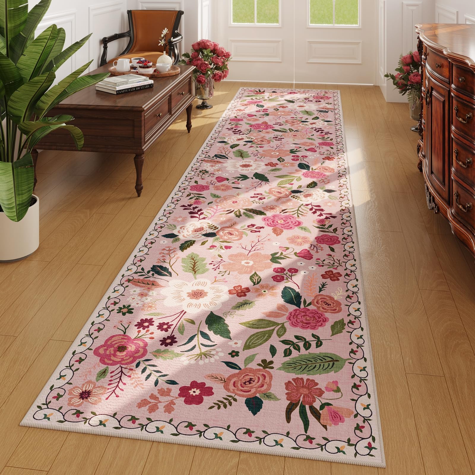 Rugcomf Area Rugs 8x10 Rug for Living Room Clearance Washable Boho Area Rug Non Slip Floral Vintage Low Pile Large Rug for Living Room, Bedroom, Farmhouse, Dining Room, Kids Playroom(Black)