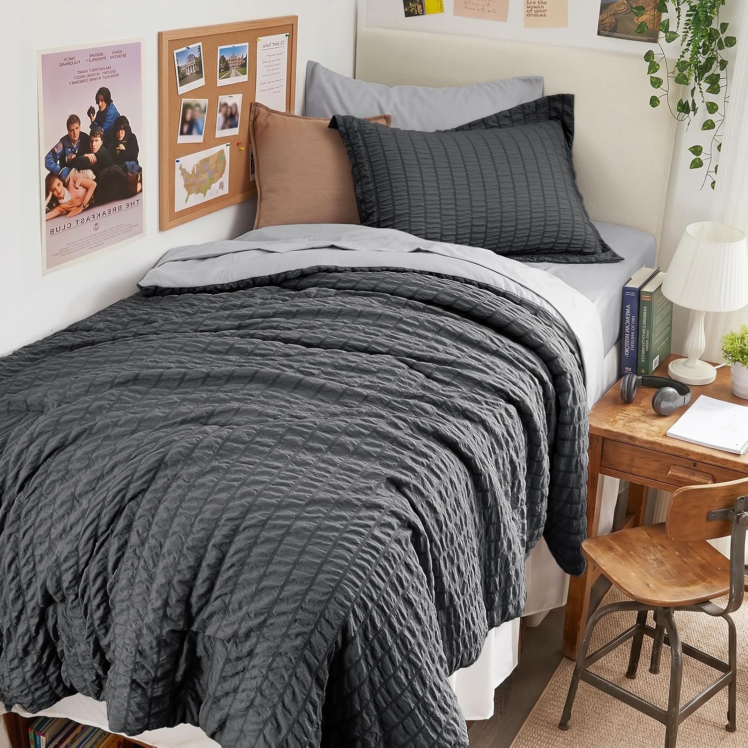 HYMOKEGE 7 Piece King Size Comforter Set Seersucker, All Season Luxury Bed in a Bag for Bedroom, Bedding Set with Comforters, Sheets, Pillowcases & Shams, Dark Grey