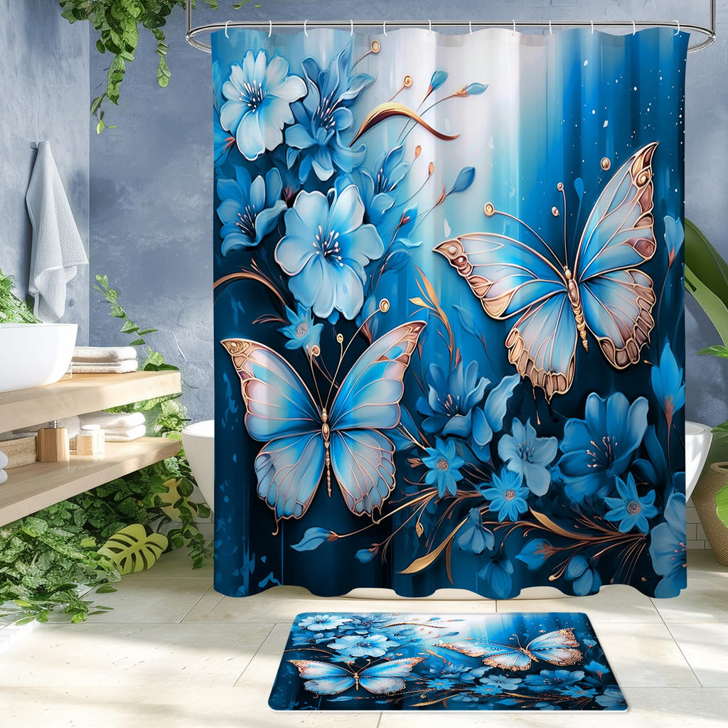 Litabel 4 Pcs Black Floral Butterfly Shower Curtain Set with Non-Slip Rugs, White Gold Modern Toilet Lid Cover and Bath Mat, Elegant Bathroom Decor Set (Hooks Not Included)