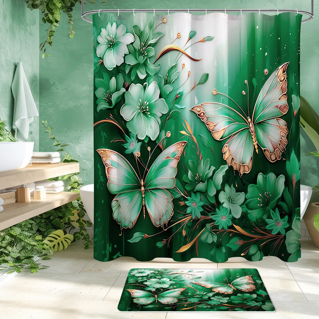 Litabel 4 Pcs Black Floral Butterfly Shower Curtain Set with Non-Slip Rugs, White Gold Modern Toilet Lid Cover and Bath Mat, Elegant Bathroom Decor Set (Hooks Not Included)