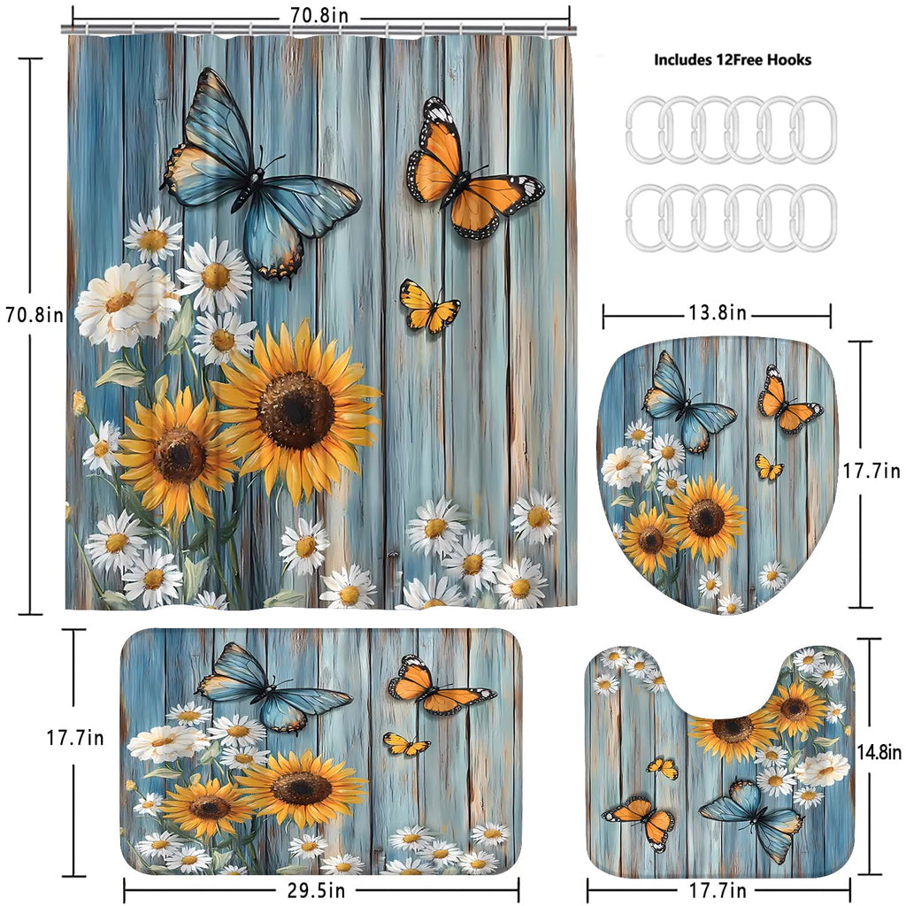 AZHM 4PCS Lotus Shower Curtain Set Black and Gold Flower Bathroom Decor Sets with Shower Curtain and Rugs and Accessories with 12 Hooks for Toilet
