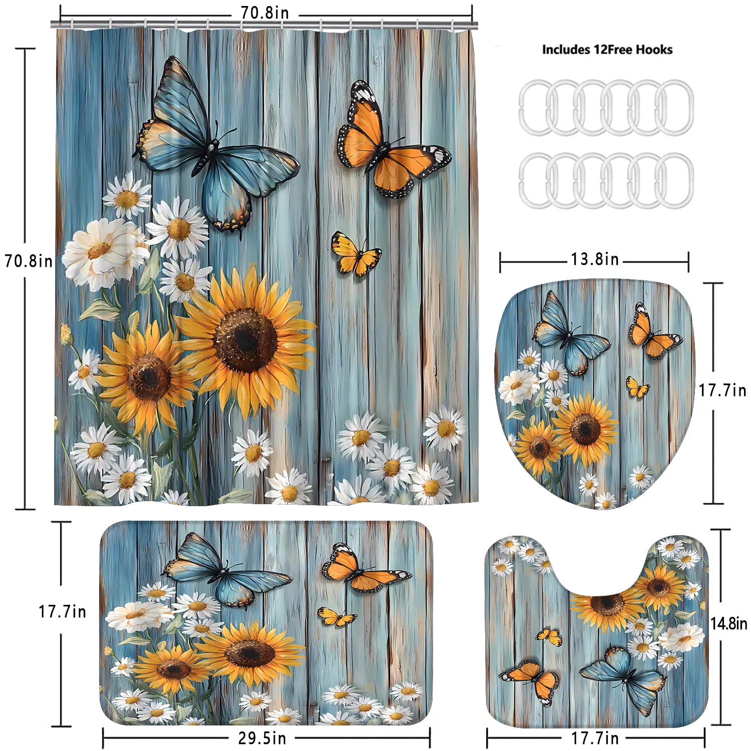 AZHM 4PCS Lotus Shower Curtain Set Black and Gold Flower Bathroom Decor Sets with Shower Curtain and Rugs and Accessories with 12 Hooks for Toilet