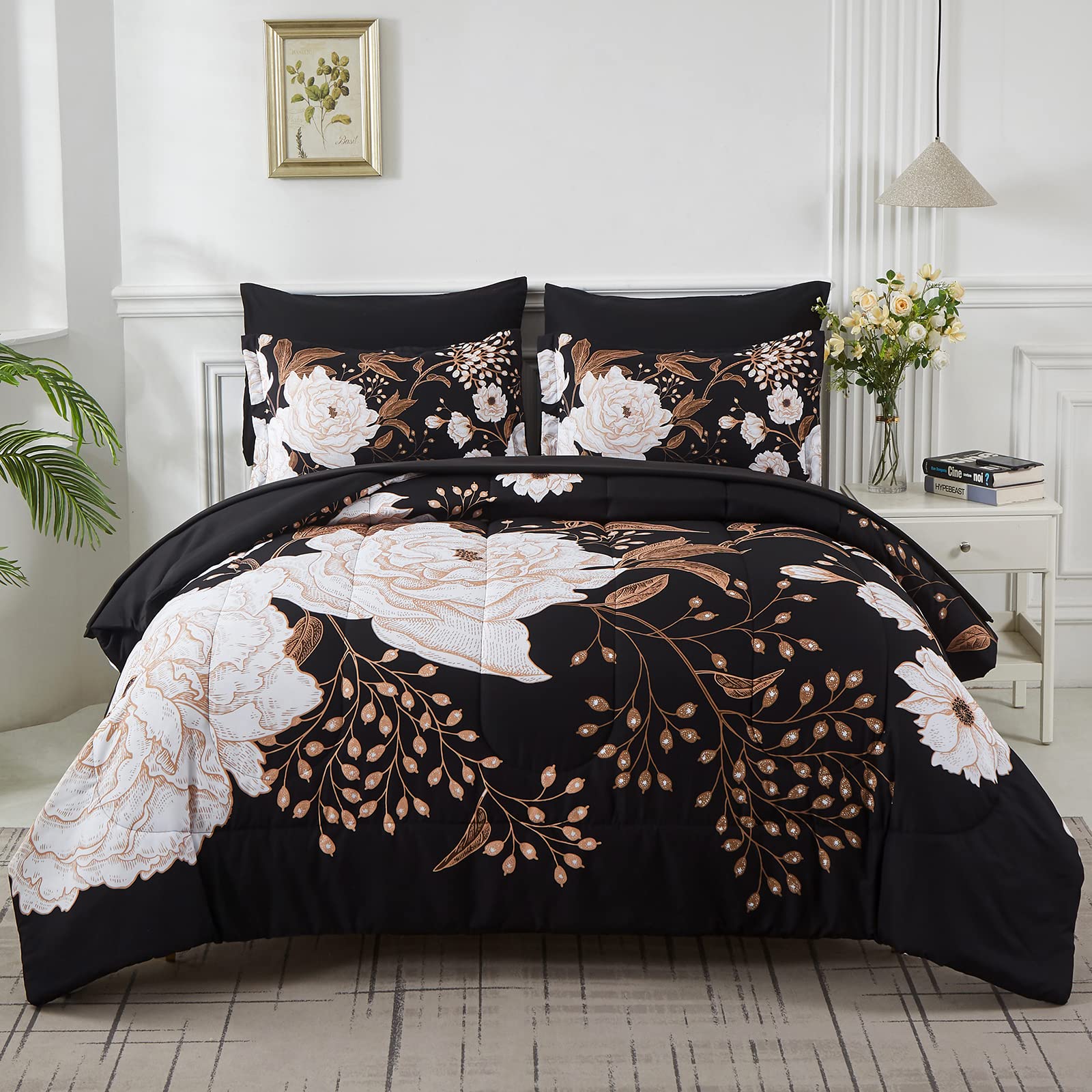 Yogeneg 7 Piece Bed in a Bag King Size Comforter Set Black Bedding Set,Gold Butterfly Leaves Printed on Black Reversible Design,Soft Microfiber Comforter with Sheet Set,All Season(Butterfly,King)