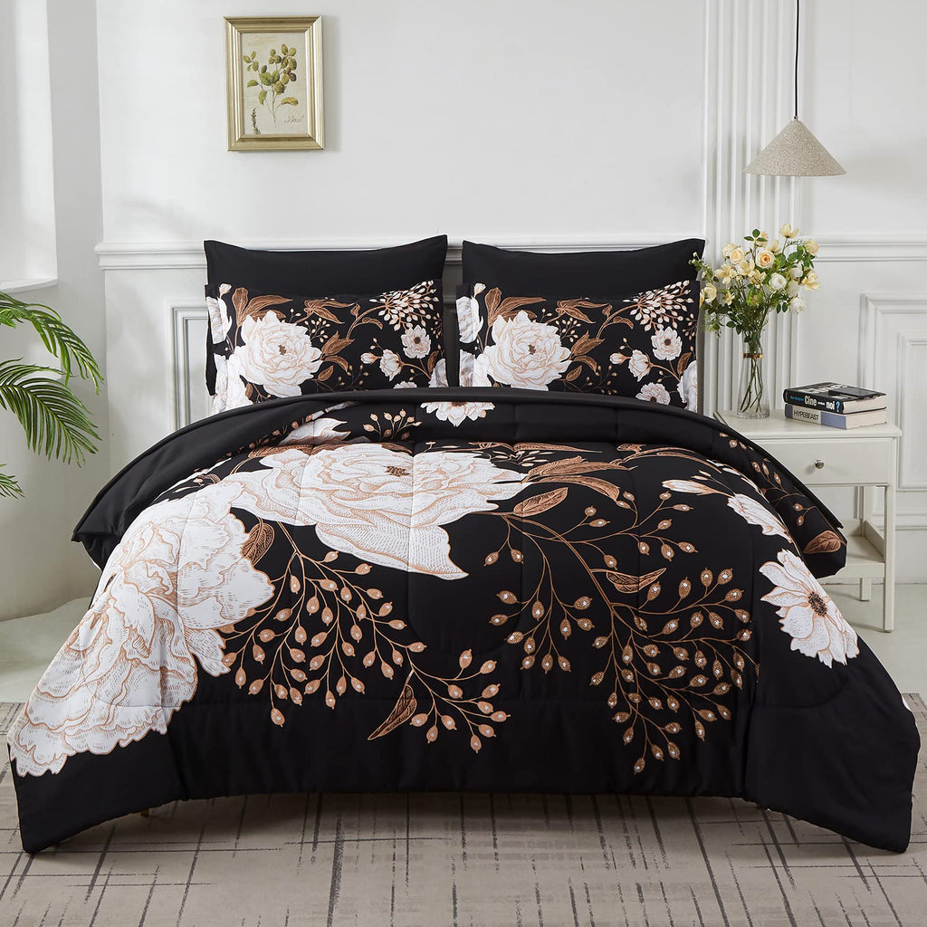 Yogeneg 7 Piece Bed in a Bag King Size Comforter Set Black Bedding Set,Gold Butterfly Leaves Printed on Black Reversible Design,Soft Microfiber Comforter with Sheet Set,All Season(Butterfly,King)