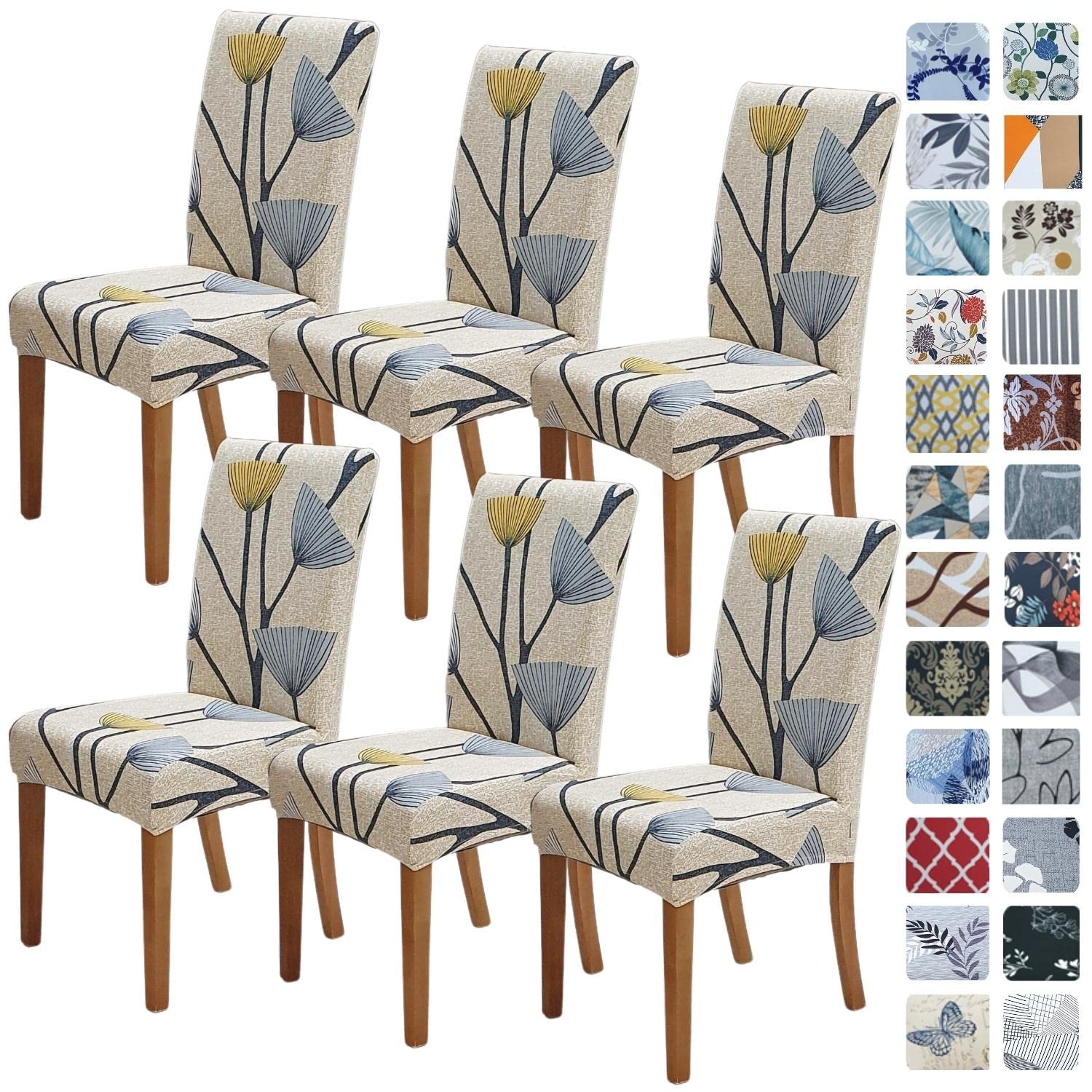 SPRINGRICO Chair Covers for Dining Room 6 Pack, Stretch Dining Chair Cover, Washable Spandex Kitchen Parsons Chair Slipcovers, Removable Seat Protector for Home or Party (Set of 6, Floral Beige)