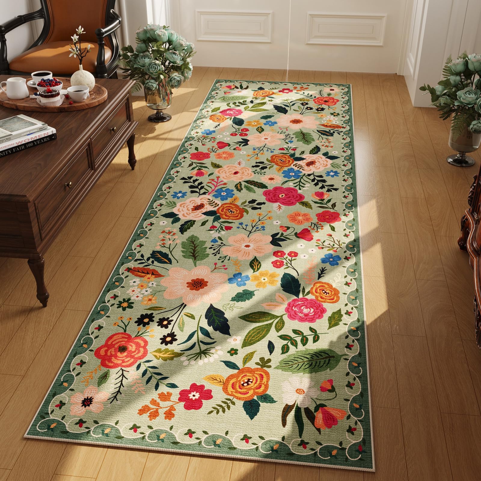 Rugcomf Area Rugs 8x10 Rug for Living Room Clearance Washable Boho Area Rug Non Slip Floral Vintage Low Pile Large Rug for Living Room, Bedroom, Farmhouse, Dining Room, Kids Playroom(Black)