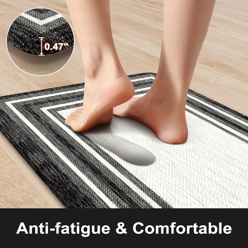 KIMODE Kitchen Mats 2PCS,Cushioned Anti Fatigue Kitchen Rugs and Mats,Non Skid Waterproof Kitchen Mats for Floor,Comfort Foam Standing Mat for Home Decor, Office,Sink,Laundry Room,Desk,Black and White