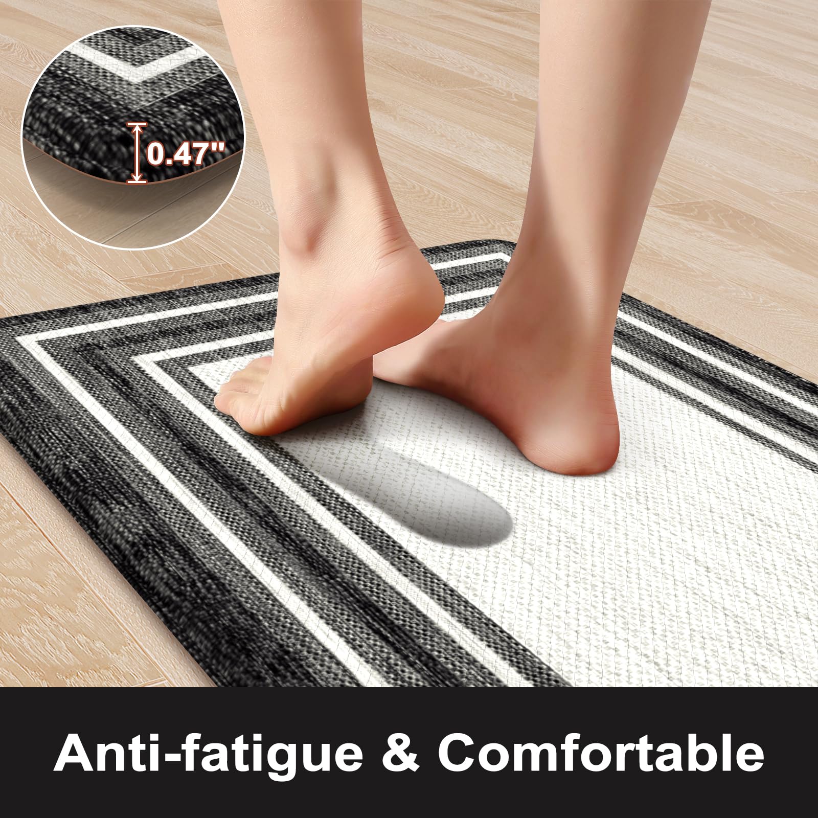 KIMODE Kitchen Mats 2PCS,Cushioned Anti Fatigue Kitchen Rugs and Mats,Non Skid Waterproof Kitchen Mats for Floor,Comfort Foam Standing Mat for Home Decor, Office,Sink,Laundry Room,Desk,Black and White