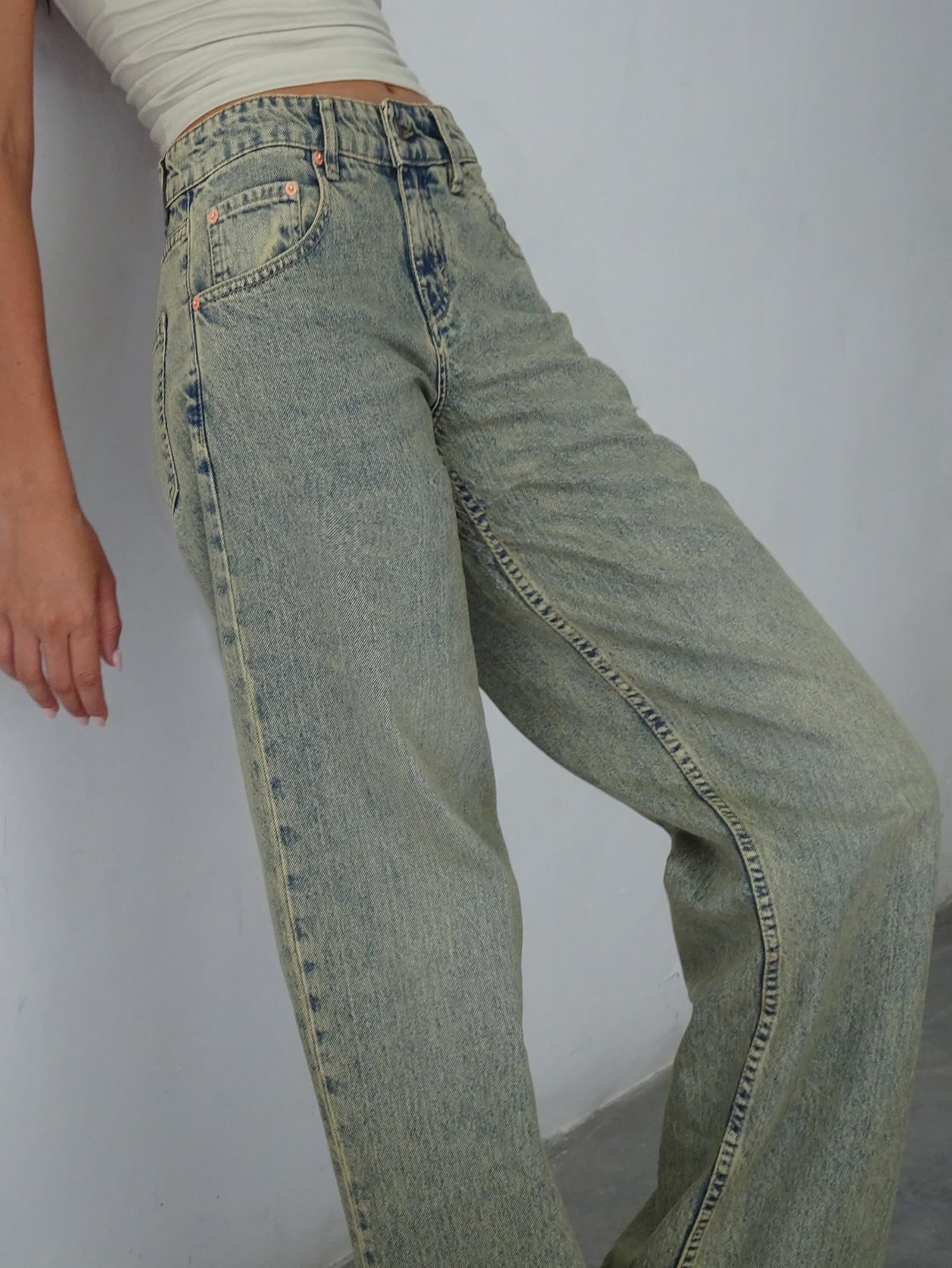 EMMIOL Women Baggy Jeans Mid-Low Waist Boyfriend Streetwear Vintage Jeans Wide Leg Denim Pants