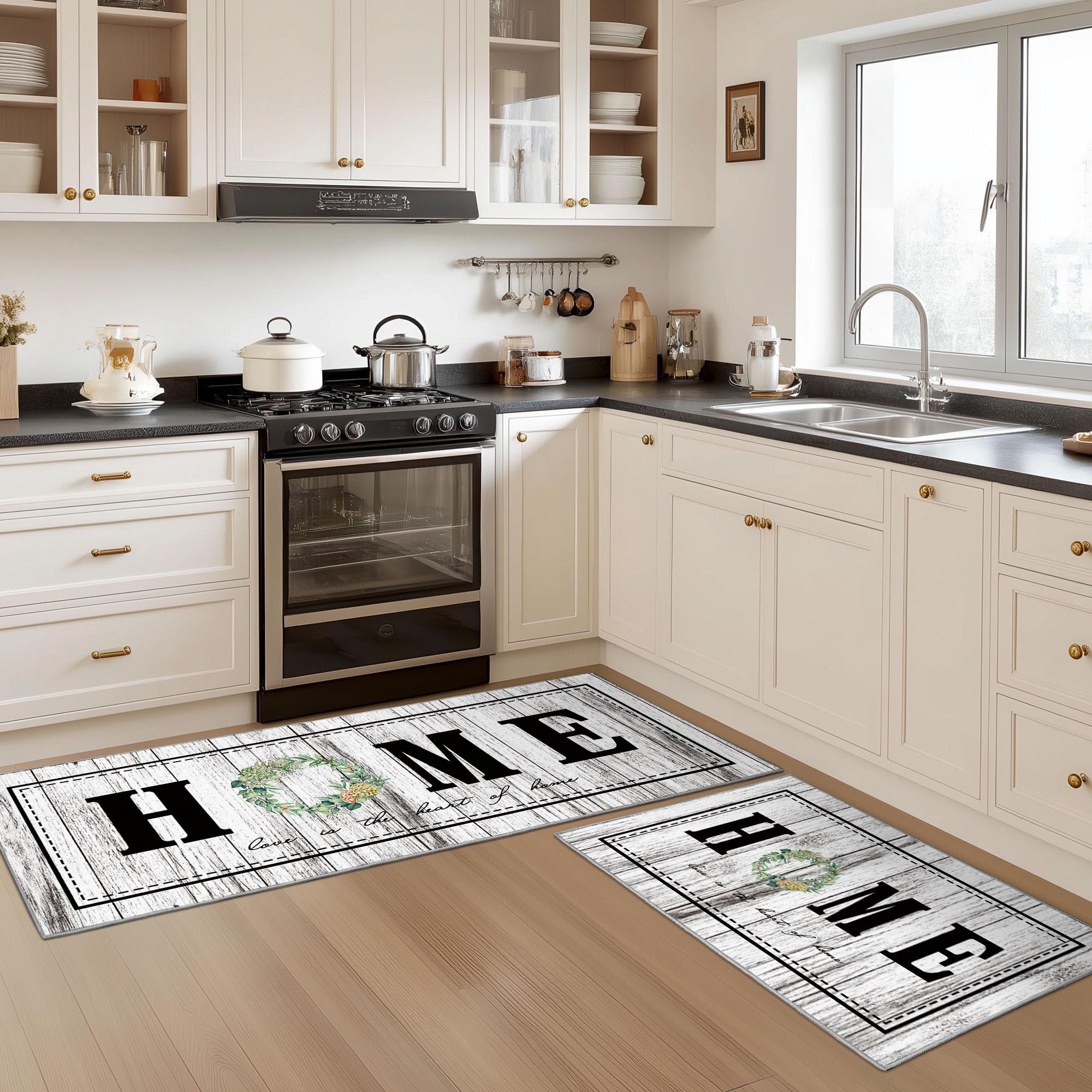 Tritard 100% Non Slip Kitchen Mats for Floor Washable Kitchen Rugs Sets of 3 Farmhouse Kitchen Runner Rug Soft Rustic Kitchen Floor Carpet for Hallway, Laundry, Sink, Office, Brown