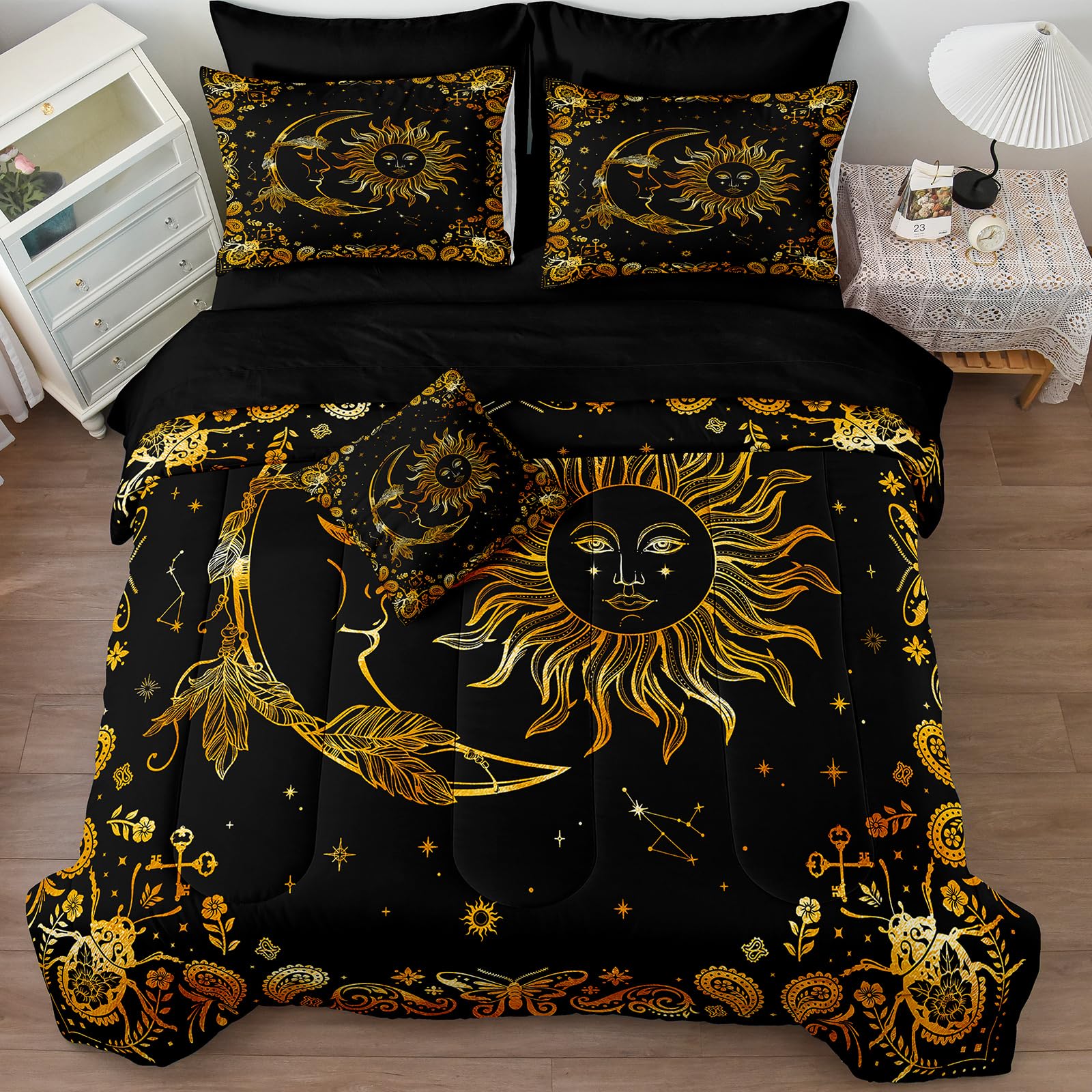 Ancient Egypt Comforter Set Black Gold Bedding Set Pharaoh Tribal Retro Comforter Egypt Cultural Theme Bedroom Decor Boho Exotic Vintage Bedding King Bed in A Bag