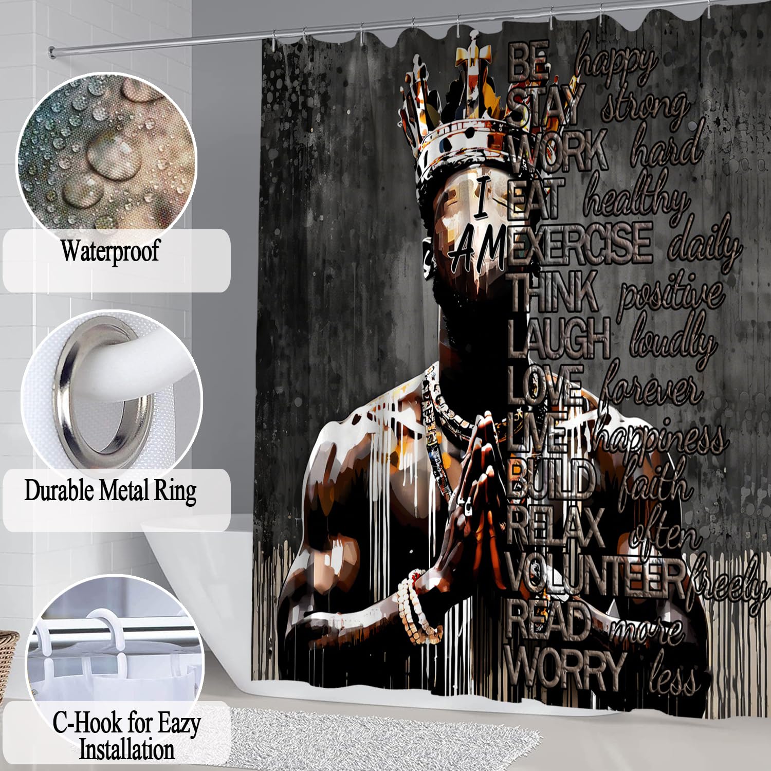 African American Shower Curtain Sets for Bathroom, Black Praying King Bathroom Sets with Waterproof Shower Curtain and Non-Slip Rugs Toilet Lid Cover Bath Mat, Cool Unique Man Bathroom Decor Sets
