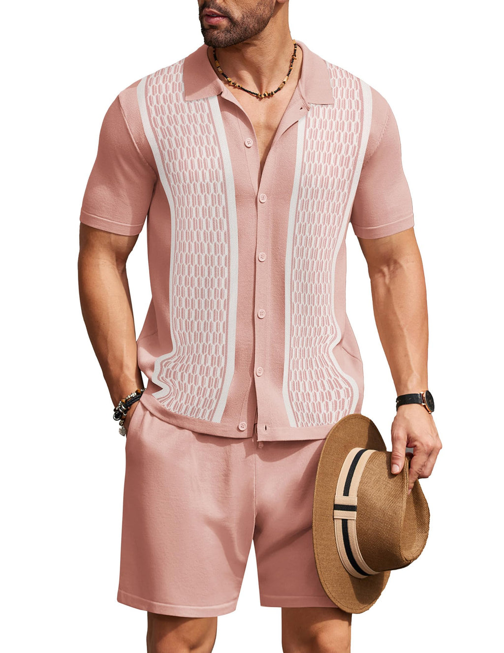 COOFANDY Men's 2 Piece Outfit Vintage Short Sleeve Button Down Knit Polo Shirts Casual Beach Shorts Sets