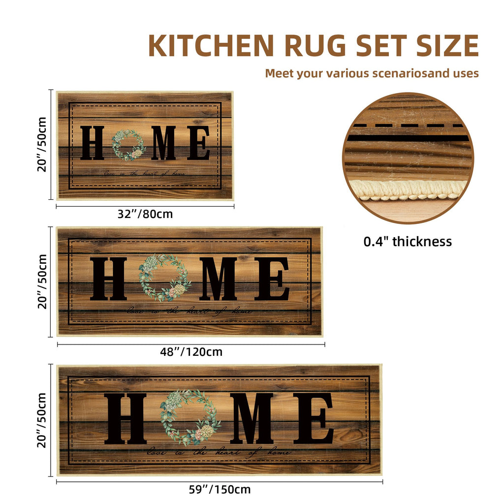 Tritard 100% Non Slip Kitchen Mats for Floor Washable Kitchen Rugs Sets of 3 Farmhouse Kitchen Runner Rug Soft Rustic Kitchen Floor Carpet for Hallway, Laundry, Sink, Office, Brown