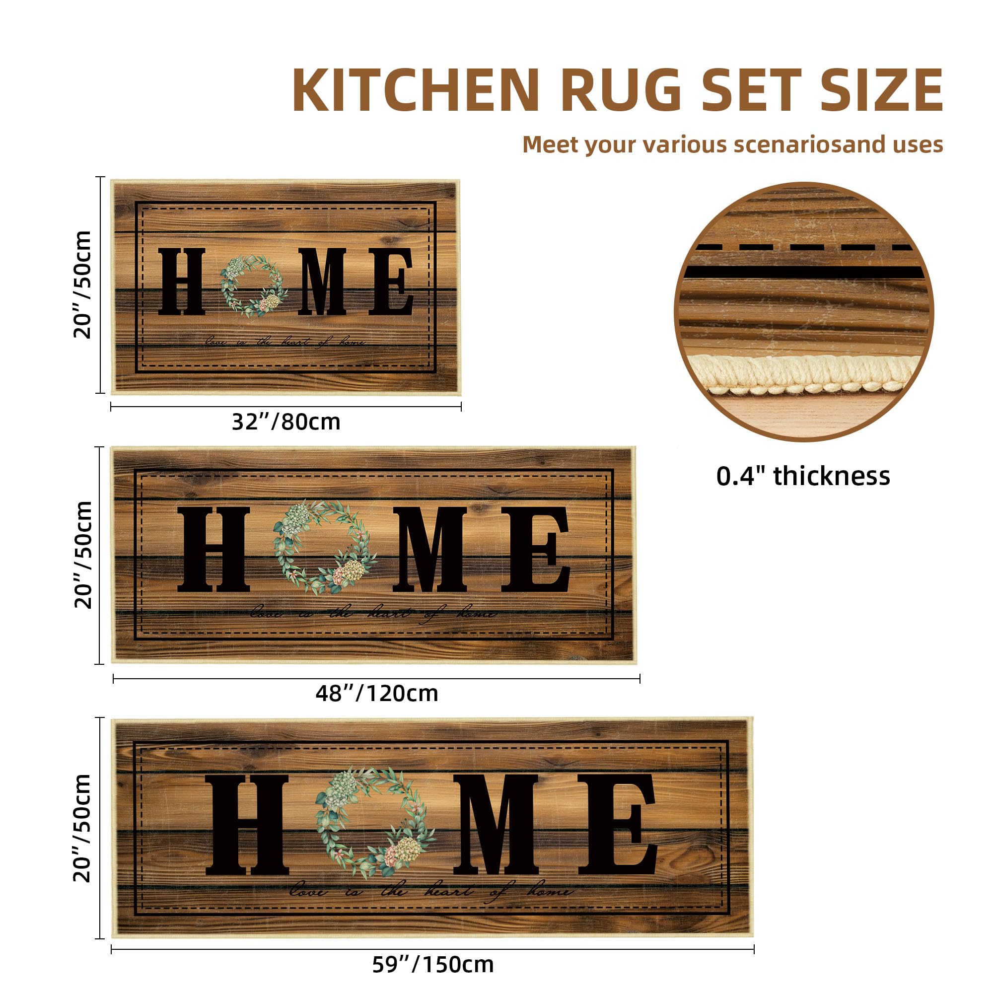 Tritard 100% Non Slip Kitchen Mats for Floor Washable Kitchen Rugs Sets of 3 Farmhouse Kitchen Runner Rug Soft Rustic Kitchen Floor Carpet for Hallway, Laundry, Sink, Office, Brown