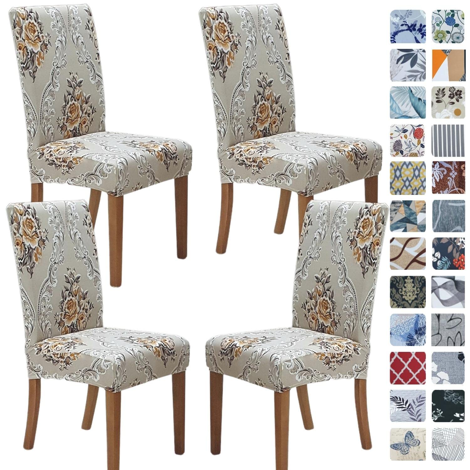 SPRINGRICO Chair Covers for Dining Room 6 Pack, Stretch Dining Chair Cover, Washable Spandex Kitchen Parsons Chair Slipcovers, Removable Seat Protector for Home or Party (Set of 6, Floral Beige)