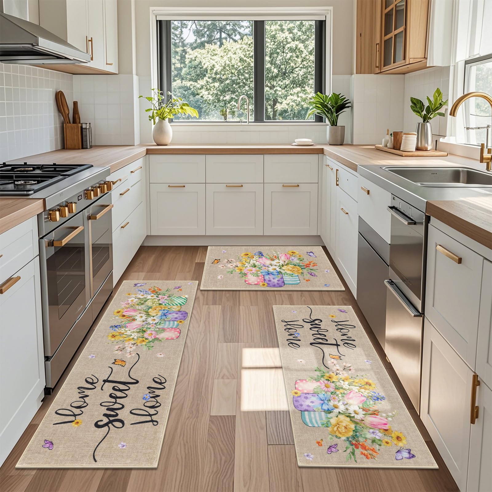Vaukki Boho Kitchen Rug Sets 3 Pieces, Washable Kitchen Mats for Floor, Non Slip Soft Kitchen Area Rug Floor Mat for Kitchen, Laundry Room and Hallway (Grey and Beige, 20''x32''+20''x47''+20''x59'')