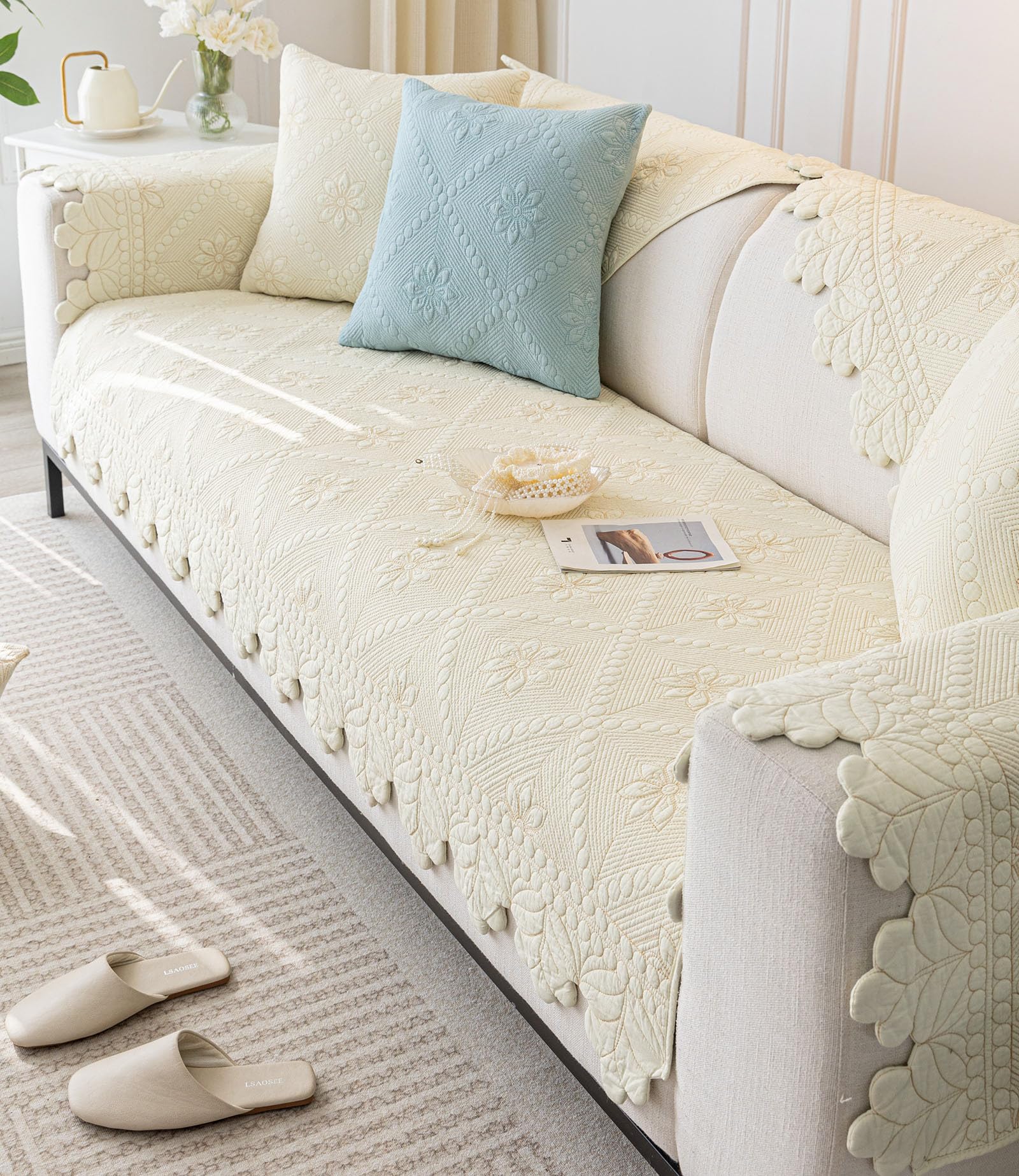 Cotton Quilted Dog Couch Cover for Sofa Farmhouse Rustic Embroidery Sectional Couch Cover Soft Anti-Slip Sofa Slipcover Furniture Protector for Kids, Pets (Khaki,36"x36")