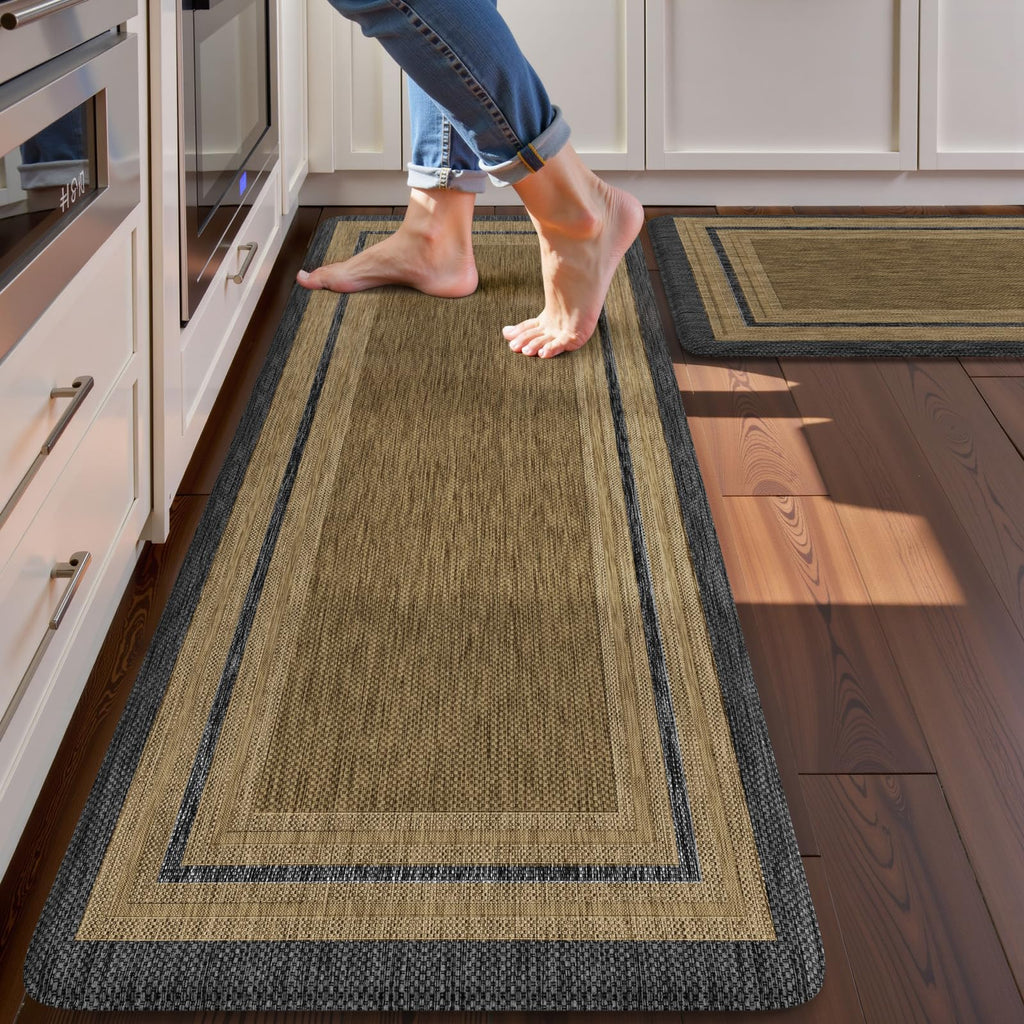 KIMODE Kitchen Mats 2PCS,Cushioned Anti Fatigue Kitchen Rugs and Mats,Non Skid Waterproof Kitchen Mats for Floor,Comfort Foam Standing Mat for Home Decor, Office,Sink,Laundry Room,Desk,Black and White
