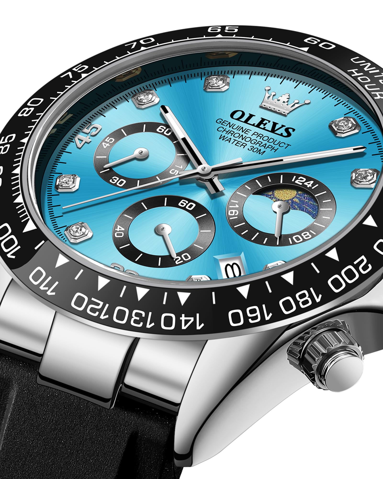 OLEVS Men Analog Quartz Waterproof Watches Multifunction Chronograph Diamond Moon Phase Luminous Silicone Band Wrist Watches