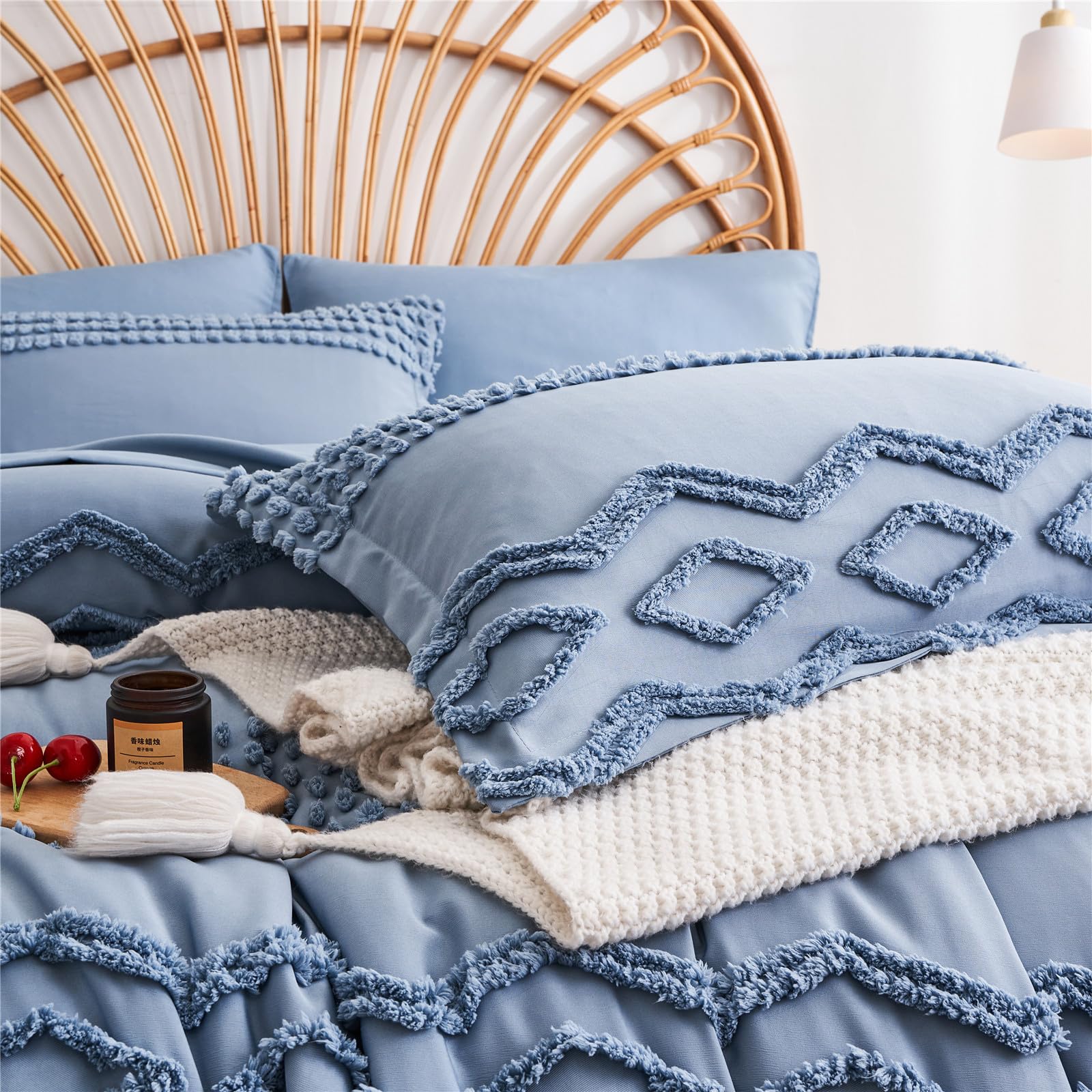 KAKIJUMN Grey Tufted Comforter Set King Size 7 Piece Bed in a Bag, Shabby Chic Boho Comforter and Sheet Set, Pom Pom Textured Bed Set, All Season Soft Microfiber Complete Bedding Set(Grey,King)