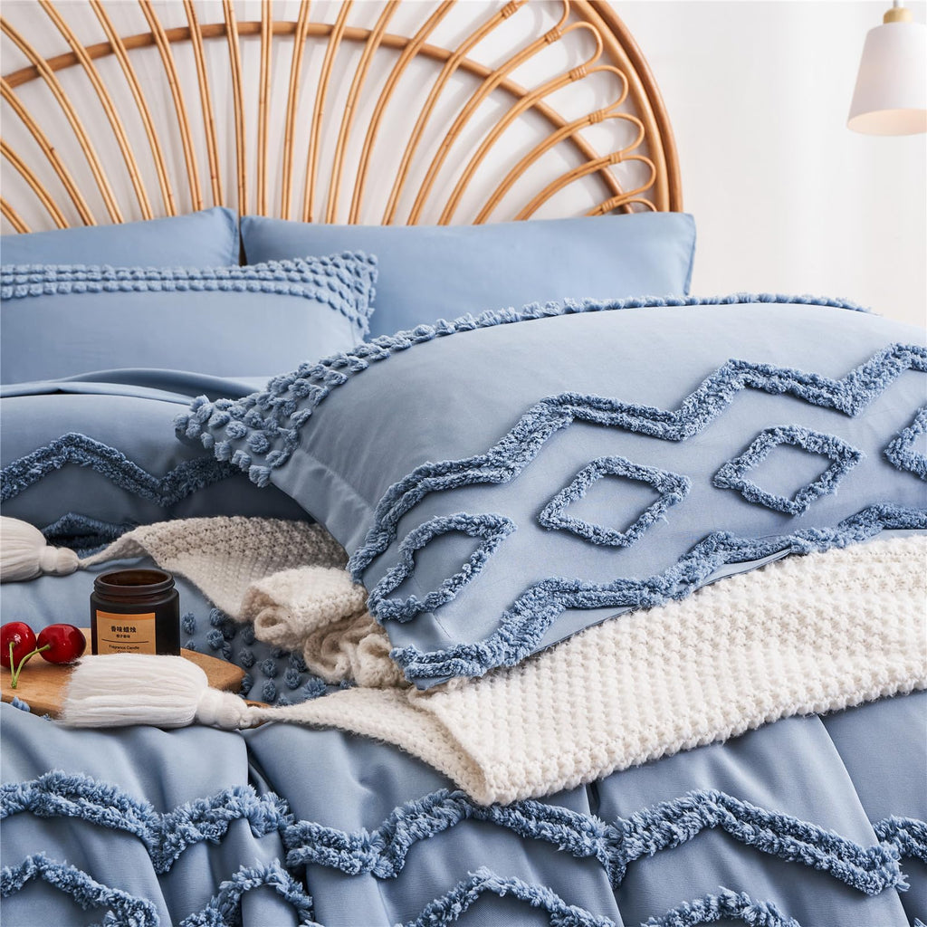 KAKIJUMN Grey Tufted Comforter Set King Size 7 Piece Bed in a Bag, Shabby Chic Boho Comforter and Sheet Set, Pom Pom Textured Bed Set, All Season Soft Microfiber Complete Bedding Set(Grey,King)