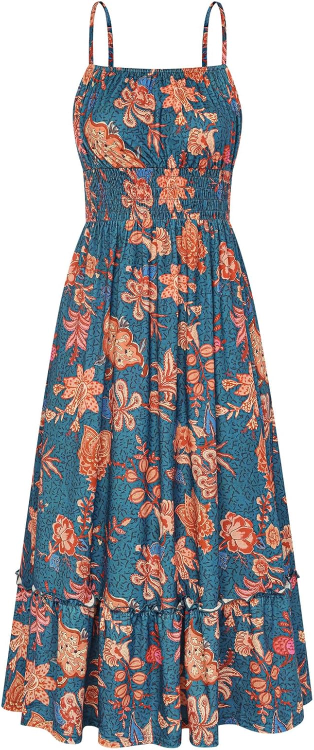GRACE KARIN Summer Dresses for Women 2026 Vacation,Smocked Floral Maxi Dress,Boho Beach Sundress with Pocket Fashion Clothing