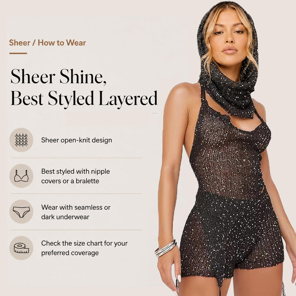 KANSOON Sexy Two Piece Outfits for Women Sequin Knit Backless Irregular Halter Top Crochet Shorts Set with Matching Rave Hood