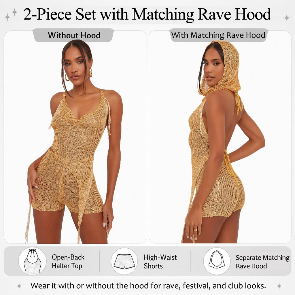 KANSOON Sexy Two Piece Outfits for Women Sequin Knit Backless Irregular Halter Top Crochet Shorts Set with Matching Rave Hood