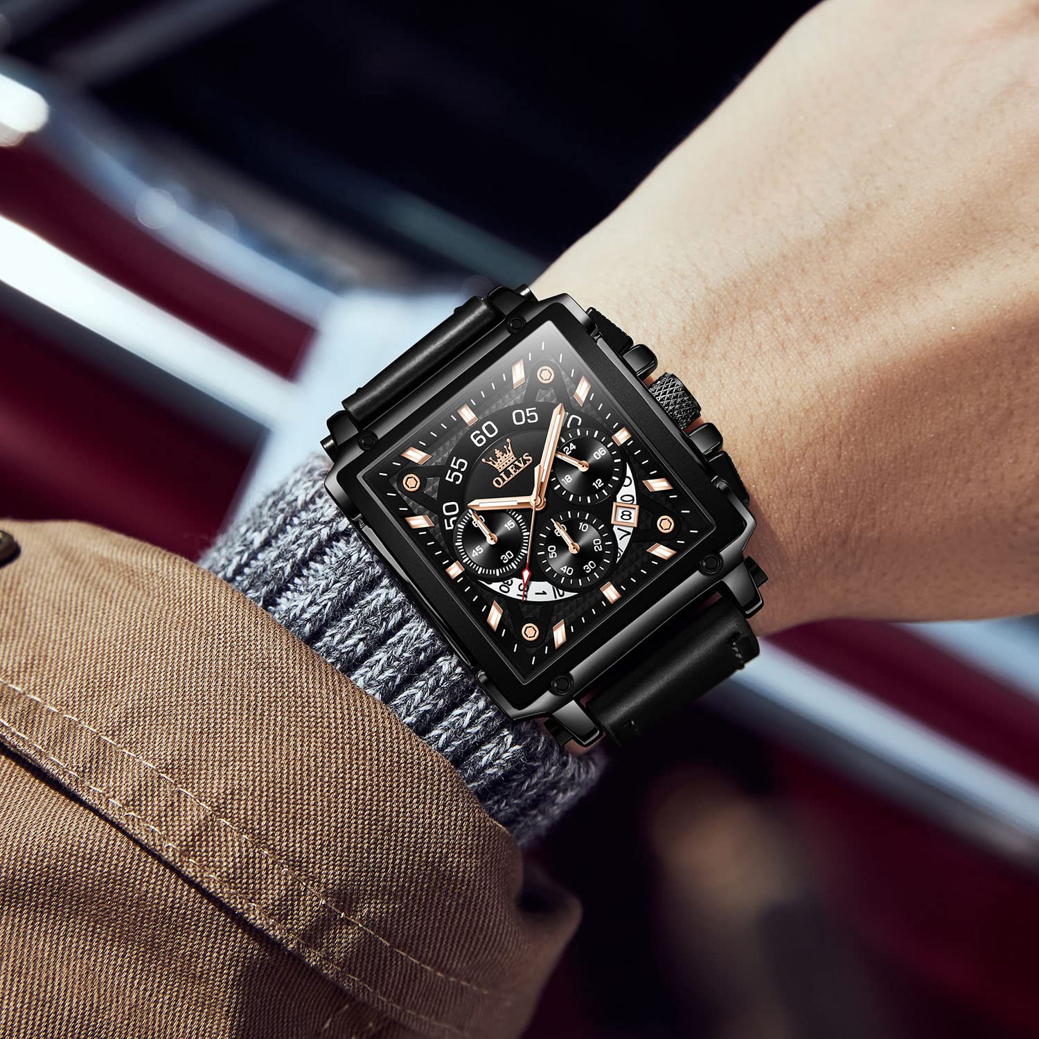 OLEVS Men's Casual Leather Watch, Big Face Chronograph Watch for Men, Fashion Easy to Read Dress Watch, Men's Waterproof Luminous Date Analog Watch, Gold/Black/White/Blue Dial