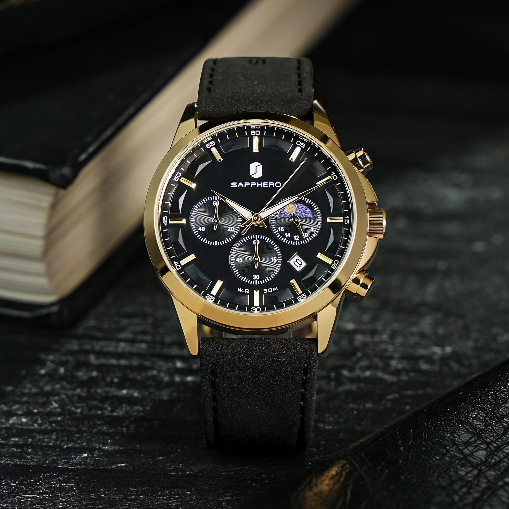 SAPPHERO Chronograph Watches for Men, Original Business Casual Stainless Steel Analog Watch 50M Waterproof Luminous Watches with Date Dial, Mens Gift