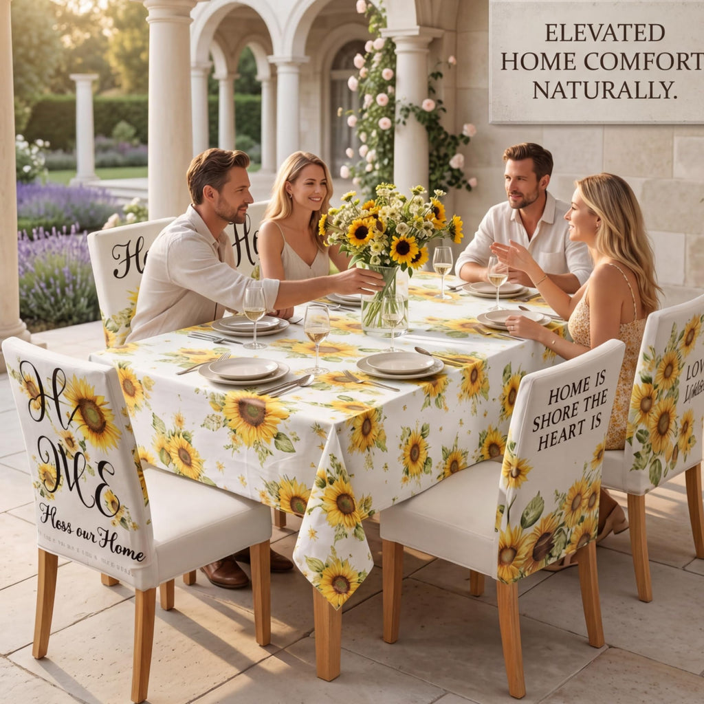 7 Pcs Sunflower Chair Covers and Tablecloth Set 60 x 84 Inch Waterproof Stain Rectangular Table Cover with Stretchable Removable Chair Slipcovers for Dining Room Kitchen Patio Summer Parties