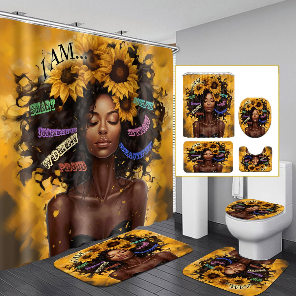 African American Shower Curtain Sets for Bathroom, Black Praying King Bathroom Sets with Waterproof Shower Curtain and Non-Slip Rugs Toilet Lid Cover Bath Mat, Cool Unique Man Bathroom Decor Sets