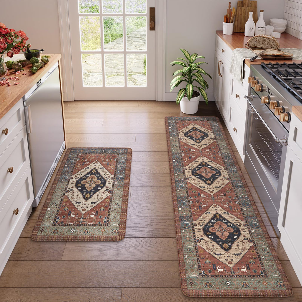 KIMODE Kitchen Mats 2PCS,Cushioned Anti Fatigue Kitchen Rugs and Mats,Non Skid Waterproof Kitchen Mats for Floor,Comfort Foam Standing Mat for Home Decor, Office,Sink,Laundry Room,Desk,Black and White